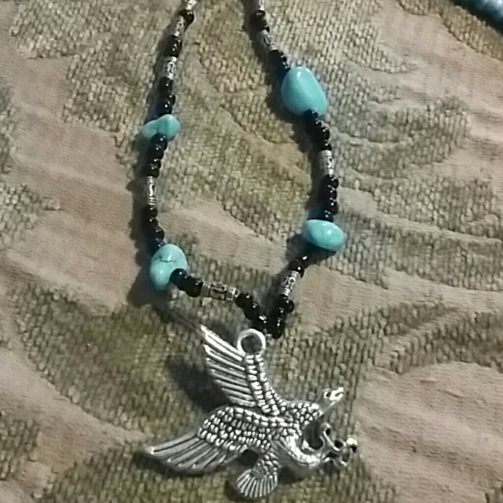 Eagle necklace Silver ,black ,and turquoise Beads